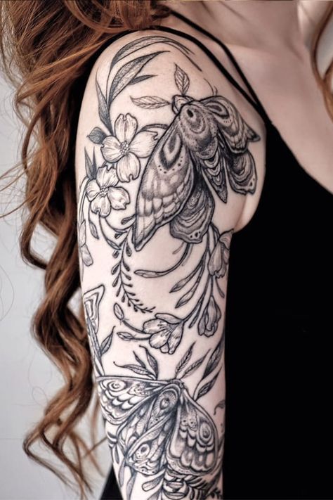 Moths And Butterflies Tattoo, Lunar Moth Sleeve Tattoo, Half Sleeves For Women Tattoos, Bugs Sleeve Tattoo, Moth Half Sleeve Tattoo, Feminine Tattoo Sleeve Filler, Moth Fern Tattoo, Victorian Sleeve Tattoo, Fern And Moth Tattoo