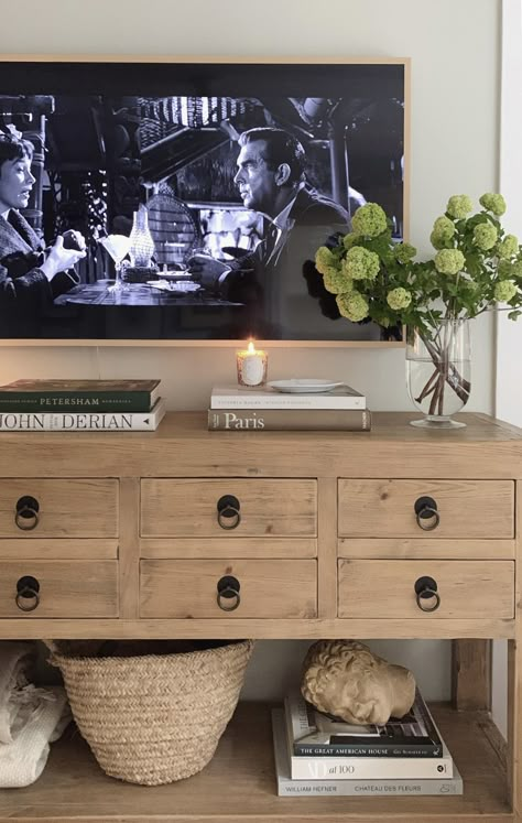 Tv Console Lamp, Console Under Tv Decor, Tv Stand Aesthetic Living Room, Living Room With Tv Console Ideas, Under Tv Stand Decor, Styled Tv Console, Tv Above Dresser Living Room, How To Style Tv Stand, Bedroom Decor Under Tv