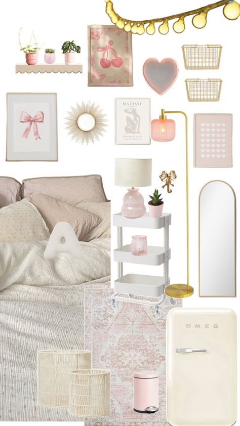 Pink Gold And White Bedroom Aesthetic, Room Ideas Gold And Pink, Light Pink Gold And White Bedroom Ideas, Light Pink Dorm Room Aesthetic, Pink White And Gold Bedroom, Pink Dorm Aesthetic, White Dorm Room, Dorm Aesthetic, Tanning Room