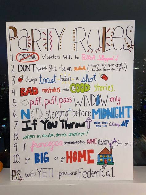 Cute 24th Birthday Ideas, What To Do On Your Thirteenth Birthday, Mens 21st Birthday Games, 21 Birthday Party Activities, Party Rules Poster Funny, Party Rules Poster, 21 Birthday Theme Ideas Parties, 21st Birthday Activities, 19th Birthday Ideas Party