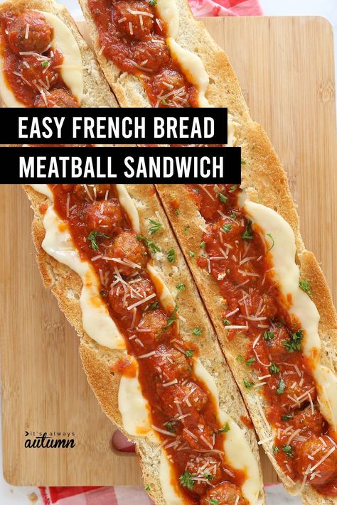 French Bread Meatball Sandwiches are an easy weeknight dinner recipe you can make in under 30 minutes! Breaded Meatballs, Meatball Sandwich Recipes, Easy French Bread, Meatball Sandwiches, French Bread Loaf, Perfect Meatballs, Meatball Sandwich, French Bread Recipe, Sandwich Ingredients