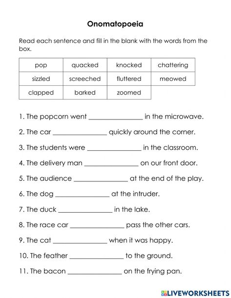 Alliteration Worksheet, Onomatopoeia Worksheets, Onomatopoeia Activities, Alliteration Activities, English Language Learning Activities, Figurative Language Activity, Spelling Homework, Figurative Language Worksheet, Speech Therapy Tools