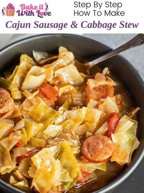 Cajun Cabbage Stew - Bake It With Love Cajun Cabbage, Cajun Recipes Easy, Fried Cabbage With Sausage, Cabbage Stew, Cajun Sausage, Sausage Stew, Cabbage And Sausage, Cajun Dishes, Fried Cabbage