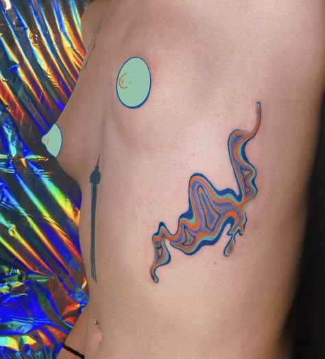 Tattoo Over Large Scar, Hyperpop Tattoo, Colored Line Tattoo, Colorful Abstract Tattoo, Colorful Patchwork Tattoos, Hypnotic Tattoo, Colored Ink Tattoos, Weirdcore Tattoo, Acid Tattoo Ideas