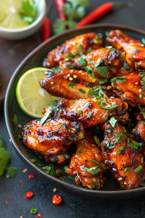 Spicy grilled chicken wings garnished with fresh herbs and a slice of lime. Honey Sriracha Chicken Wings, Wings At Home, Honey Garlic Wings, Sriracha Chicken Wings, Chicken Wing Seasoning, Garlic Wings, Cauliflower Pizza Crust Recipe, Honey Sriracha Chicken, Sriracha Chicken