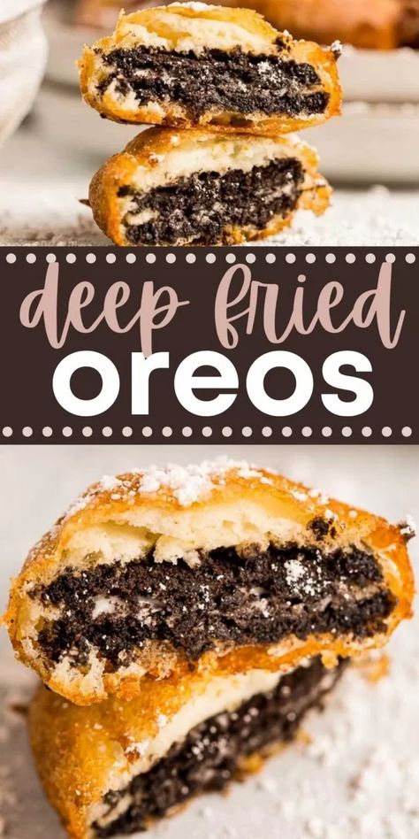 Deep Fried Oreos (& VIDEO!) - Fried Oreos recipe with only 6 ingredients! Fried Oreos Recipe, Fried Oreo, Oreo Dessert Easy, Deep Fried Desserts, Deep Fryer Recipes, Dirt Cake Recipes, Deep Fried Oreos, Pancake Mix Recipe, Homemade Pancake Mix