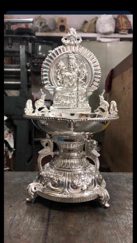 Kamakshi Deepam Silver, Goddess Tripurasundari, Kamakshi Deepam, Tulsi Pooja, Silver Deepam, Kanchi Kamakshi, Indian Lamps, Silver Payal, Pooja Decoration