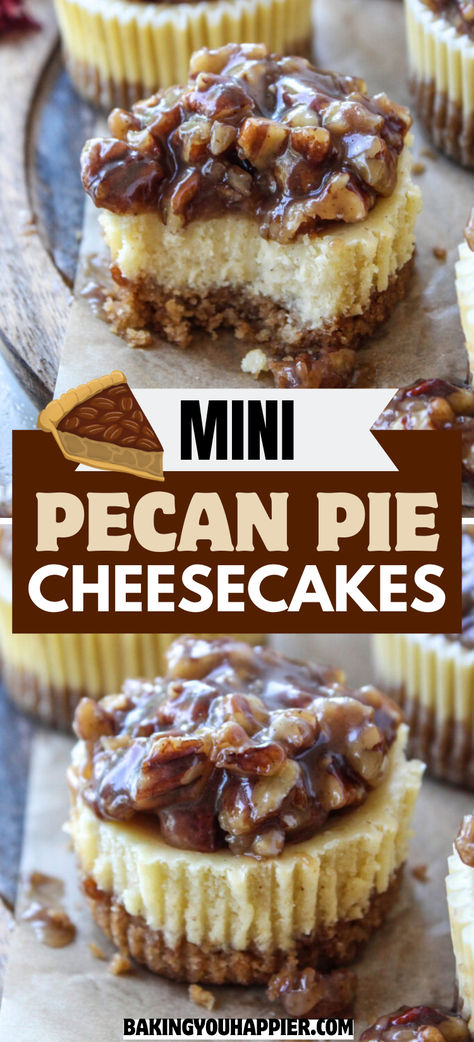 Mini Pecan Pie Cheesecakes, these decadent little cheesecakes are topped with a rich and delicious gooey, crunchy pecan pie topping! Mini Peacon Pie, Mini Pecan Pie Cheesecake Recipe, Holiday Deserts Thanksgiving, Cheesecake With Pecan Pie Topping, Pecan Pie Cheesecake Topping, Gluten Free Pecan Cheesecake, Mini Cheesecake Pies, Dessert Recipes Easy Thanksgiving, Recipes For Thanksgiving Dinner Desserts