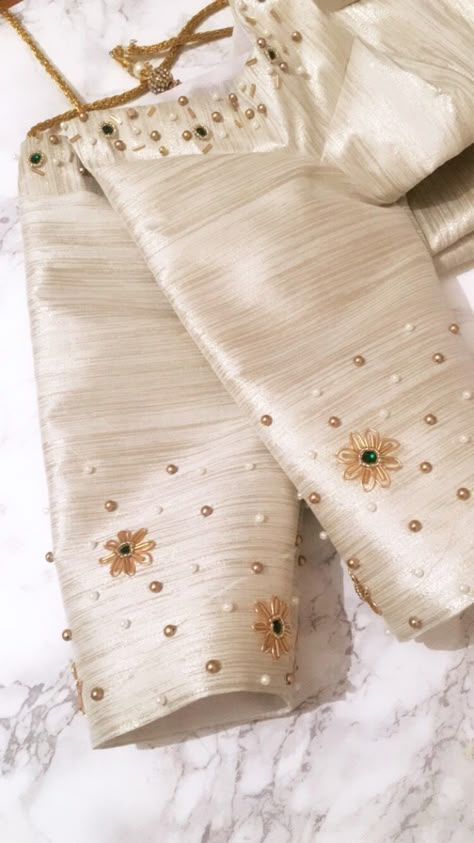 New Work Designs For Blouses, Simple Zardozi Embroidery Designs Work Blouse, Blouse Beeds Work Simple, Back Blouse Work Designs, Blouse Work Ideas, Hand Embroidery In Blouse, Simple Embroidery For Blouse, Simple Work On Blouse, Blouse Embroidery Designs Simple