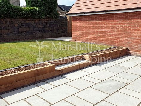 Slabbed Garden Ideas, L Shaped Garden Ideas, Two Level Garden Ideas, 2 Level Garden Ideas, Railway Sleeper Retaining Wall Ideas, Timber Retaining Wall Garden, Small Garden Area Ideas, Sleeper Tiered Garden, Landscaping Timber Retaining Wall