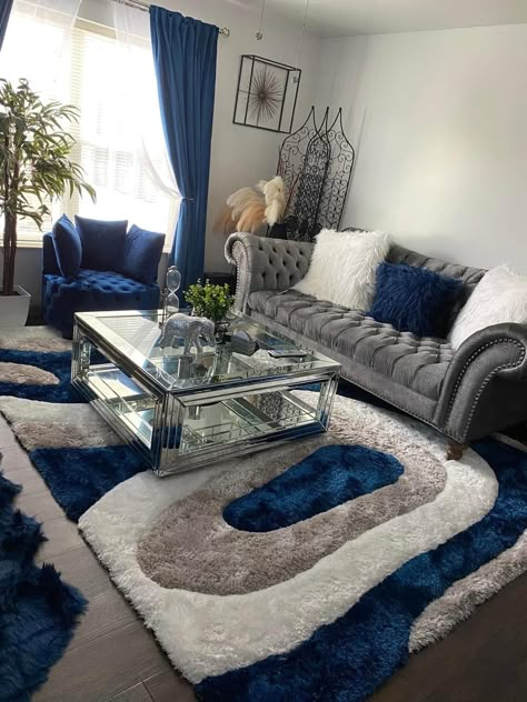 Blue And Grey Living Room Decor Ideas, Dining Room Table On Carpet, Grey And Royal Blue Living Room, Living Room Decor Teal, Royal Blue Living Room Decor, Royal Blue Living Room, Grey And Blue Living Room, Navy Blue And Grey Living Room, Blue And Gold Living Room