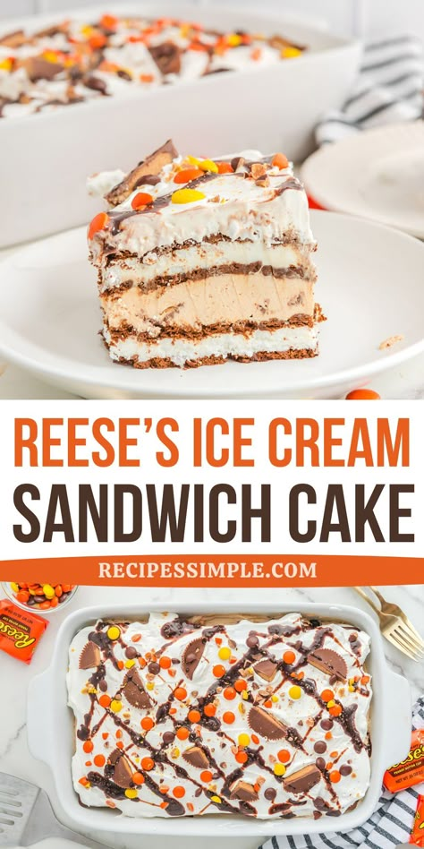 This Reese's Ice Cream Sandwich Cake is an easy frozen dessert recipe. It has layers of vanilla ice cream sandwiches, rich peanut butter cream cheese filling, and colorful candy toppings. Desserts Made With Ice Cream Sandwiches, Heath Bar Ice Cream Cake, Ice Cream Cake Ice Cream Sandwiches, Dessert With Ice Cream Sandwiches, I E Cream Sandwich Ice Cream Cake, Ice Cream Sandwich Cakes, Ice Cream Cakes Birthday, Ice Cream Cakes Homemade, Ice Cream Cake Birthday