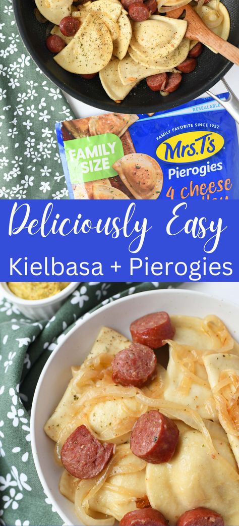 Easy Kielbasa and Pierogies Skillet Meal - Loaded with flavor, this meal features Frozen Mrs. T's Pierogies, flavorful kielbasa, and sauteed onions for a quick, weeknight meal.  via @sizzlingeats Kielbasa Pierogies, Kielbasa And Pierogies, Pierogies And Kielbasa, Pasta Fagioli Soup Recipe, Frozen Pierogies, Sauteed Onions, Pierogi Recipe, Whipped Potatoes, Trending Recipes