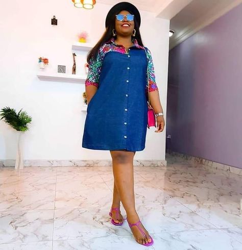 Ankara Shirt Dress, Jeans Gown, Gown Styles For Ladies, White Denim Outfit, Bubu Gown Styles, Simple Dress Casual, African Fabric Dress, Long African Dresses, Chic Dress Classy