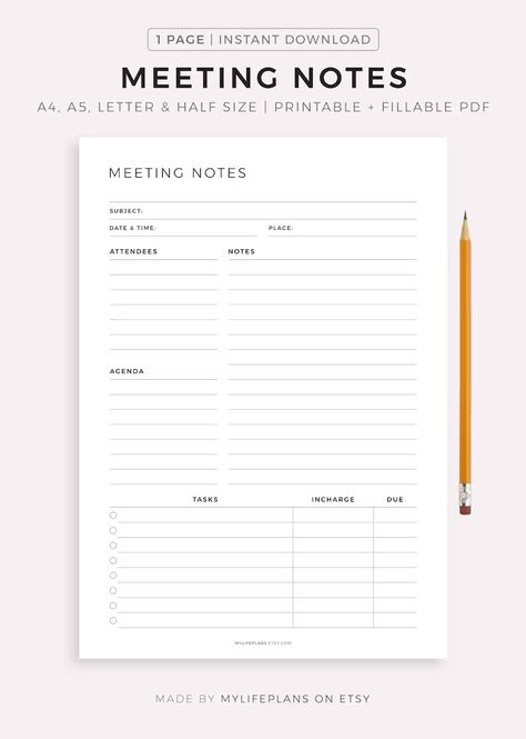 Meeting Notes Template Printable Meeting Minutes Meeting - Etsy Meeting Notes Examples, Meeting Template Layout, Notes Template Printable, Business Daily Planner, Meeting Notes Printable, Business Planner Printables, Business Planners, Meeting Notes Template, Meeting Minutes