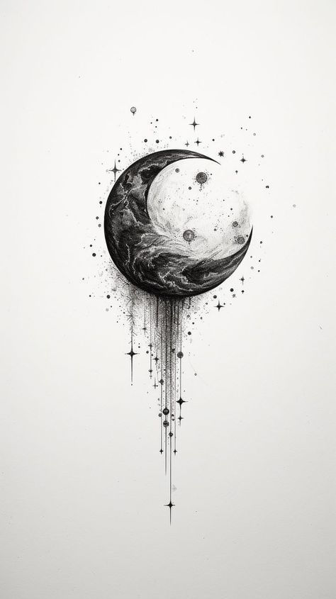 Moon Drawing Inspiration, Negative Moon Tattoo, Shaded Background Tattoo, Moonscape Tattoo, Shaded Stars Tattoo, Moon Tattoo Men Arm, Thigh Moon Tattoos Women, Black And Grey Watercolor Tattoo, Fineline Space Tattoo