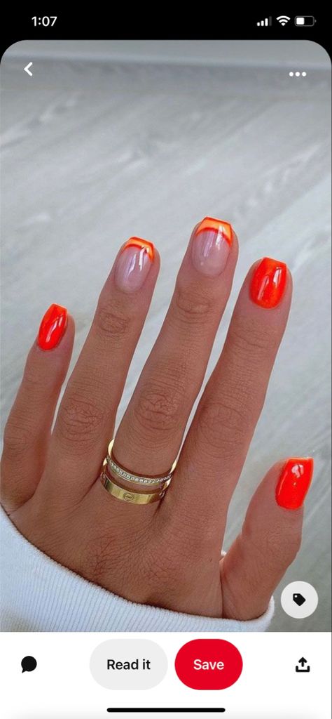 French Tip Acrylic Nails For Summer, Orange Tip Manicure, Different Coloured Nail Tips, Nails 2023 Trends French Tips, Colored French Tip Designs, Orange Tip French Manicure, Colorful French Tip Nail Designs, Short French Tip Nails Colorful, Orange Tips Short Nails