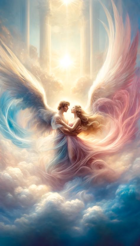 Embrace the Yin and Yang of love in this spiritual art painting. It's a tender portrayal of couple angels, their love radiating with serene purity. A divine testament to romance, its depiction is what our angel tattoo ideas are inspired from. Spiritual Couple Art Twin Flames, Spiritual Couple, Angel Tattoo Ideas, Spiritual Art Painting, Angelic Aesthetic, Radiate Love, Couples Tattoo Designs, Couple Tattoo, Twin Flame Love