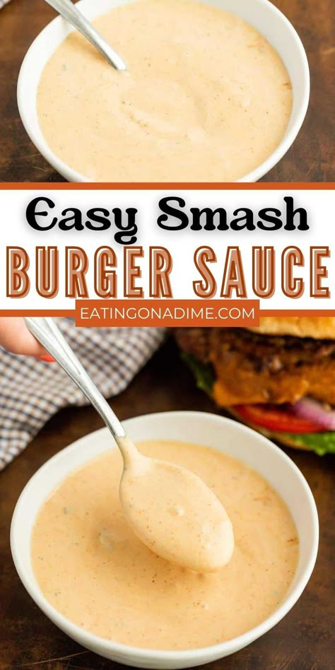 Delicious Smash Burger Sauce is a tasty addition to all your burger recipes. It is easy to make and you only need a few staple ingredients. Anytime we make Air Fryer Hamburgers this burger sauce is just as important as the pickles and lettuce when serving. We keep it stocked in our fridge as my kids use it as a dipping sauce to many fried foods. #eatingonadime #smashburgersauce #easyrecipe Smashburger Sauce, Smash Burger Sauce Recipe, Smash Burger Sauce, Air Fryer Hamburgers, Best Burger Sauce, Hamburger Sauce, Burger Sauces Recipe, Bbq Foods, Smash Burger Recipe