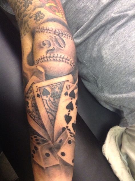 Cards dice baseball black and grey realism Matt wood Austin Texas Gambling Tattoo Ideas, Baseball Tattoo, Black And Grey Realism, Underarm Tattoo, Baseball Tattoos, Tattoo Trash, Dice Tattoo, Hunter Tattoo, Texas Baseball