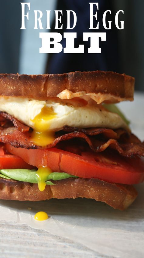 Fried Egg BLT Sandwich recipe. Layers of Bacon, Lettuce and Tomato topped with a… Egg Blt, Blt Sandwich Recipes, Blt Recipes, Blt Sandwich, Tomato Sandwich, Healthy Sandwiches, Egg Sandwiches, Bacon Egg, Sandwich Recipe