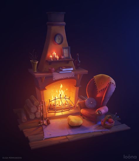 ArtStation - Fireplace, Olga Permiakova Fireplace Illustration Drawing, Fireplace Concept Art, Christmas Fireplace Illustration, Cartoon Fireplace, Fireplace Cartoon, Fireplace Prop, Fireplace Illustration, 3d Fireplace, Fireplace Drawing