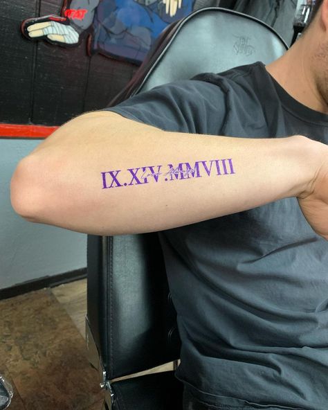 Inside Bicep Tattoo Mens Roman Numerals, Mmxx Roman Numerals Tattoo, Roman Numeral Tattoo On Leg, Roman Numeral Tattoo On Forearm, Roman Numeral Bible Verse Tattoo, Roman Numeral Tattoo Men Forearm, Roman Numeral Tattoo Forearm, Date Tattoo Ideas For Men, Roman Numeral Tattoo Men