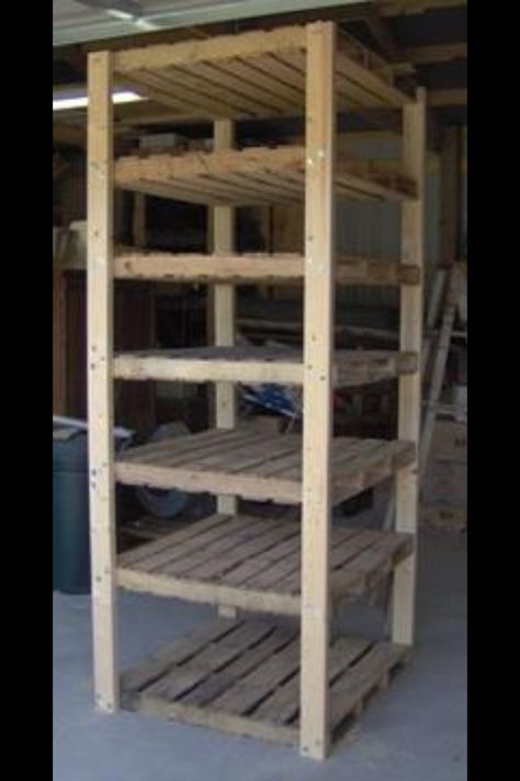 Pallet shelves.... Cheap Shelving, Pallet Shelving, Pallet Crates, Shelving Solutions, Pallet Creations, Pallet Shelves, Pallet Crafts, Homestead Survival, Diy Holz