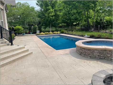 backyard-pool-stamped-concrete Stained Concrete Pool Deck, Stamped Concrete Pool Deck Ideas, Pool Decking Ideas, Concrete Pool Deck Ideas, Stamped Concrete Pool Deck, Wood Stamped Concrete, Stone Pool Deck, Stamped Concrete Pool, Pool Decking Concrete