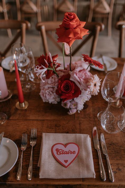 Create an unforgettable dining experience for your guests by incorporating the perfect table stationery to your modern, barn wedding. A red and pink colour palette worked perfectly in contrast to the dark features of the barn and the retro font brought all the fun vibes! Customisable, bespoke creations for every part of your wedding day from Sundown Paper! Discover your perfect, unforgettable stationery design today! Photo by Heather Sham Pink And Red Wedding Theme, Red And Pink Wedding, Classic Modern Wedding, Modern Summer Wedding, Pink Wedding Ideas, Retro Wedding Theme, Wedding Strawberries, Pink And White Weddings, Red Wedding Theme