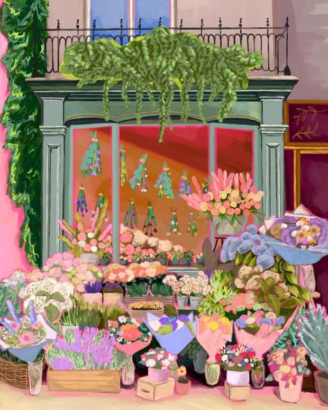 Rebecca Elizabeth | Illustrator 🎨🦋🌸 | I think this might be one of my new favourite illustrations ! 💐🌼🌸🪻🌻🌹🌺 all of the flowers! I had so much drawing this one, I’ve done a… | Instagram Flower Shop Illustration, Bunches Of Flowers, Flowers Outside, The Romantics, Building Illustration, French Bakery, Flower Boutique, Shop Illustration, Beach Wallpaper