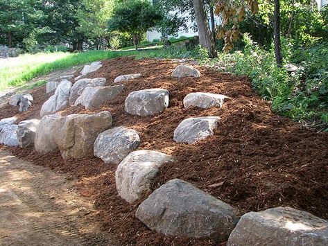 Boulder Wall, Boulder Garden, Sloped Backyard Landscaping, Landscaping On A Hill, Sloped Backyard, Landscaping With Boulders, Rock Garden Design, Hillside Landscaping, Sloped Garden