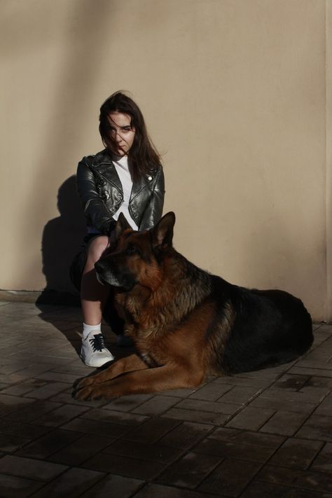 Woman And German Shepherd, Photoshoot With German Shepherd, German Shepherd Photoshoot, Scary Dog Privilege, Dog Editorial, Scary Photoshoot, Para Sf, German Shepherd Photography, Human Drawing Reference