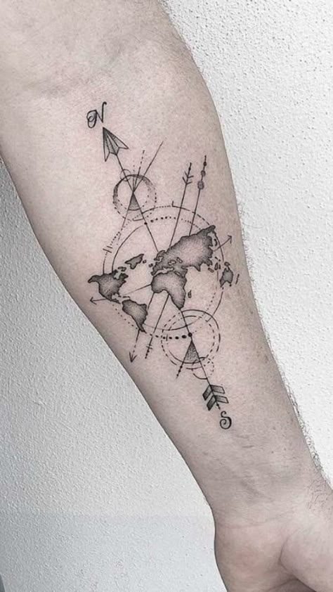 40 Inspiring Travel Tattoo Ideas For Wanderers Out There Traveler Tattoo, Tattoo Map, World Travel Tattoos, World Map Tattoo, World Map Tattoos, Map Tattoo, Tattoo Diy, Map Tattoos, Marvel Tattoos