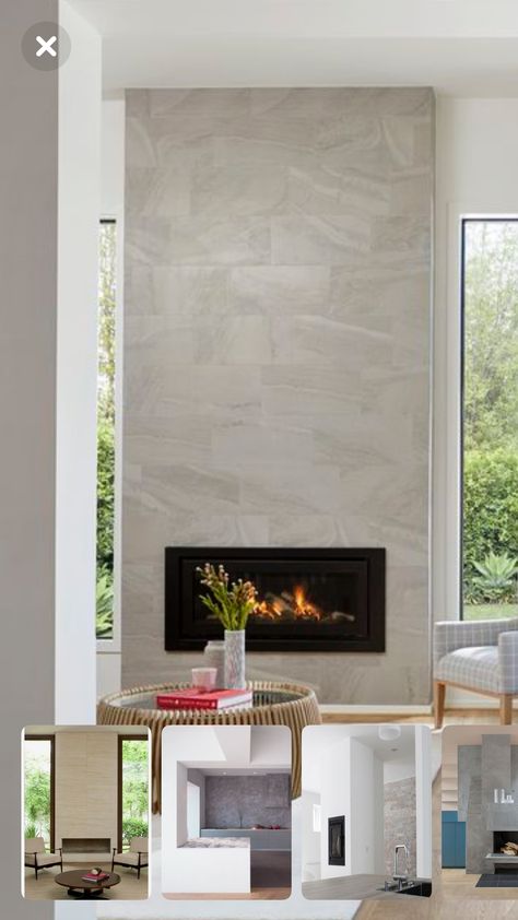 Tiled Fireplace Wall, Modern Stone Fireplace, Modern Fireplace Ideas Living Rooms, Fireplace Modern Design, Contemporary Fireplace Designs, Fireplace Feature Wall, Tall Fireplace, High Ceiling Living Room, Fireplace Tv Wall