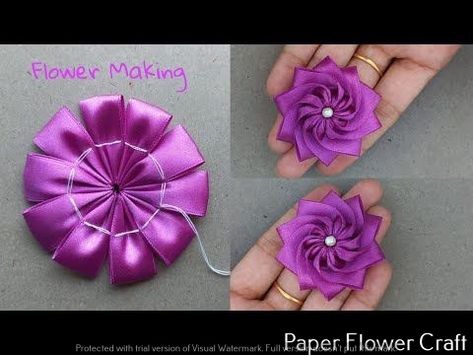 Ribbon Flower Ideas, Flowers Made Out Of Ribbon, Diy Ribbon Flowers Tutorial, Ribbon Flower Tutorial Step By Step, Craft With Ribbon, How To Make Ribbon Flowers, How To Make Fabric Flowers, Easy Ribbon Crafts, Flower Making With Ribbon