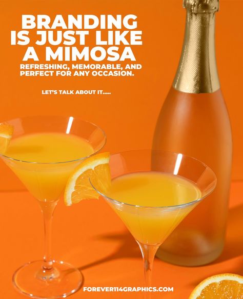 Branding and mimosas have a lot in common. 🥂🍊 Just like a mimosa is a mix of champagne and orange juice to create a refreshing drink, branding combines different elements like logos, colors, and messaging to create a unique identity for a product or company. Both require the right balance to make a memorable impression. It’s all about finding that perfect blend! It’s all about finding the right designer for you to bring your vision to life! Interested in working with me? Visit Forever114... Champagne And Orange Juice, Mimosa Champagne, Drink Branding, Orange Drink, Different Elements, Refreshing Drinks, Orange Juice, Mimosa, Juice