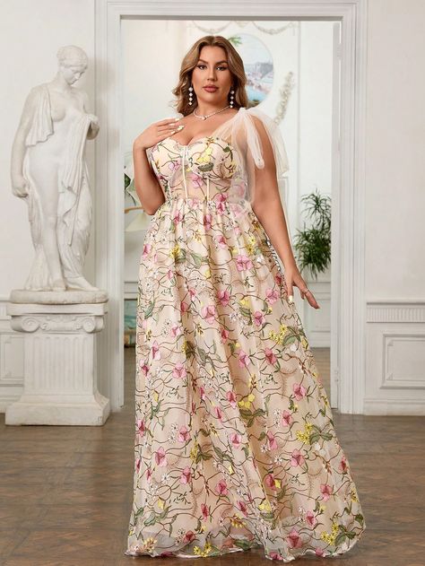 SHEIN Belle Plus Size Colorful Embroidered Floral Corset With White Base, Waist Cincher And Bow For Elegant Bachelorette Parties, Formal Occasions,  The Garden For Time Romantic Dinners And Resort Style, Also Ideal For Wedding Reception DressesI discovered amazing products on SHEIN.com, come check them out! Plus Prom Dresses, Floral Corset, Wedding Reception Dress, Garden Party Dress, Brunch Wedding, Waist Cincher, Bachelorette Parties, Reception Dress, Fabric Floral