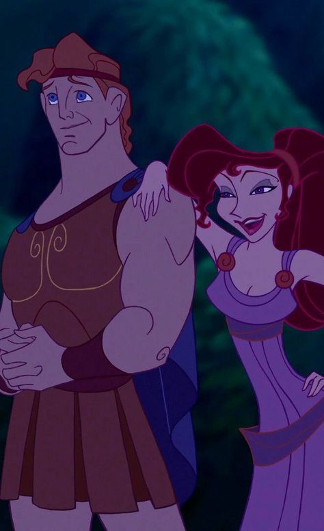 *HERCULES & MEGARA ~ Hercules, 1997. Hercules,better known to classicists as Heracles, technically had 3 parents,2 mortal+one divine.He was raised by Amphitryon+Alcmene, a human king+queen who were cousins+ grandchildren of Zeus' son Perseus.But Heracles' biological father was Zeus.The story of how this came about is known as"The Amphitryon,"a tale told many times over the centuries. Megara Disney, Meg Hercules, Disney Amor, Princess And Prince, Hercules Disney, Disney Hercules, Wallpaper Disney, Disney Couples, Old Disney