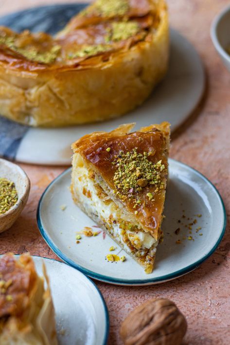 BAKLAVA CHEESECAKE - Bake with Shivesh Cheesecake Baklava, Chocolate Baklava, Bake With Shivesh, Cheesecake Base, Baklava Cheesecake, Rich Desserts, Soften Cream Cheese, Pastry Brushes, Mixed Nuts