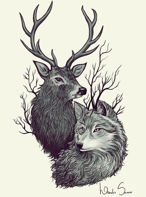 Illustration I made for a tattoo commission. Please, follow me on: Facebook Elk And Wolf Tattoo, Wolf And Deer Art, Deer Wolf Tattoo, Deer And Wolf Tattoo, Wolf And Deer, Stag Tattoo Design, Elk Tattoo, Stag Tattoo, Wolf Tattoo Sleeve