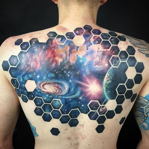 Hexagon Space Tattoo, Galaxy Back Tattoo, Galaxy Ideas, Outer Space Tattoos, Tattoo Space, Tattoo Mens, Hexagon Tattoo, Honeycomb Tattoo, Cosmic Tattoo