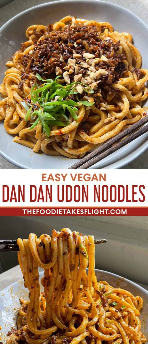 Dan Dan-Style Udon Noodles Dan Dan Noodles Vegan, Vegetarian Dan Dan Noodles, Vegan Dan Dan Noodles, Vegan Udon Recipes, Udon Noodle Stir Fry Vegetarian, Udon Noodles Vegan, Vegetarian Udon Recipes, Udon Noodle Recipe Vegetarian, Simple Udon Recipe