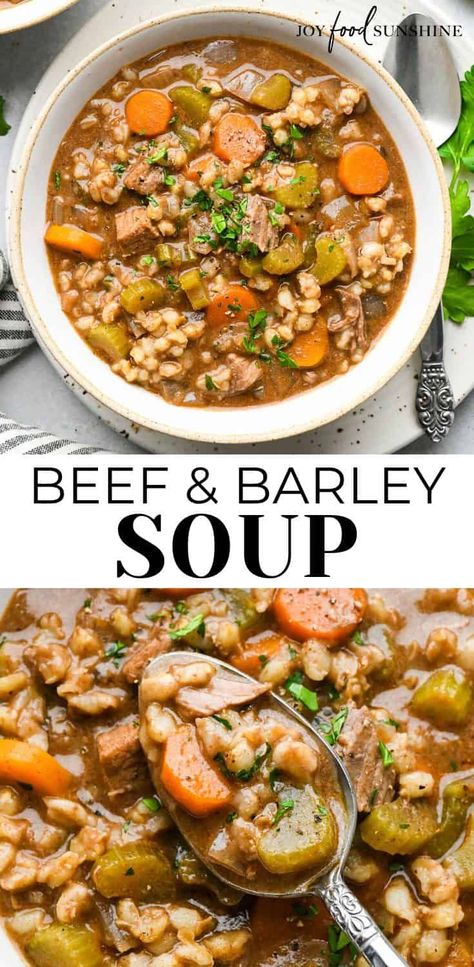 This slow cooker beef barley soup only takes 10 minutes to prepare and is loaded with tender beef, veggies and barley. Beef and barley soup is a healthy & hearty meal your whole family will love. Beef Barely Soup Soup, Beef Barley Soup With Ground Beef, Beef Barley Soup In Crockpot, Ground Beef And Barley Soup, Beef Neck Bones Recipe Slow Cooker, Beef Barely Soup, Beef Neck Bones Recipe, Crockpot Beef Barley Soup, Slow Cooker Beef Barley Soup