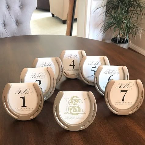 Horseshoe table numbers for an elegant Kentucky wedding #weddingplanning #wedding Horseshoe Table Numbers, Horseshoe Table, Horseshoe Wine Rack, Country Girl Gifts, Equestrian Wedding, Wine Bottle Display, Western Themed Wedding, Wedding Horseshoes, Table Assignments