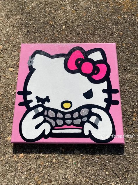 Big Painting Ideas Easy, Hello Kitty With Grills, Simple Arts, Hello Kitty Painting, Pink Canvas Art, Hypebeast Room, Journal Therapy, Character Drawings, Hello Kitty Rooms