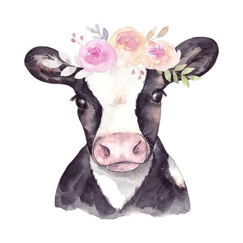 Watercolor cow with flowers on a white b... | Premium Vector #Freepik #vector #wild-rose #pink-flower #pink-rose #wild-flowers Watercolor Farm, Girl Nursery Pink, Nursery Wall Art Printable, Printable Nursery Art, Baby Wall Art, White Stickers