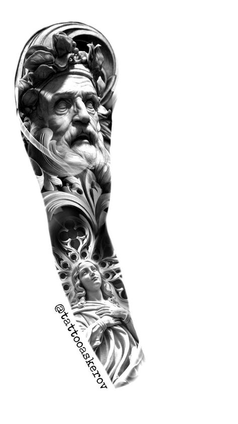 Zeus Statue Tattoo, Greek Mythology Tattoo Design, Full Arm Tattoo Design, Throne Tattoo, Statue Tattoo Design, Greek Statue Tattoo, Greek Tattoo Design, Full Sleeve Tattoo Ideas, Clock Tattoo Sleeve