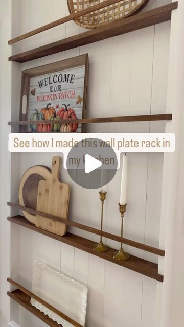 Jenna & Leo on Instagram: "This blank wall in our kitchen was the perfect spot for a wall plate rack. I love how this project turned out and am thrilled with the impact it has on the kitchen space. 

I don’t have this fully styled yet, but that will happen in time. Picture a cookbook, a framed landscape photo, olive oil and balsamic vinegar glass dispensers, and a maybe plant. 😍

This was low budget and high impact ✔️ 

The frame and backing of this unit are the same colour as my walls - SW Snowbound. The stain on the shelves and rails is Special Walnut. 

#platewallrack #kitchendiy #budgetdecorating #budgetproject #diy #pei #femalediyer #kitchenshelving" Platter Shelves, Empty Wall In Kitchen, Blank Wall In Kitchen Ideas, Sw Snowbound, Wall Plate Rack, Wall Mount Plate Rack, Plate Shelves, Plate Rack, Glass Dispenser