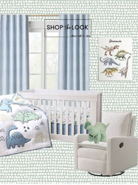 Dinosaur-themed nursery with a white crib, swivel glider, green dot wallpaper, blue curtains, and dino decor. White Convertible, Dot Wallpaper, Dino Art, Blue Blackout Curtains, Nursery Decor Inspiration, Wallpaper Set, Adventure Nursery, Dots Wallpaper, Themed Nursery